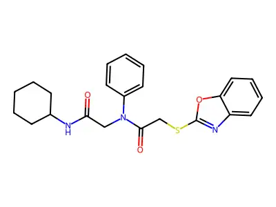 2-(Benzooxazol-2-ylsulfanyl)-N-cyclohexylcarbamoylmethyl-N-phenyl-acetamide structure