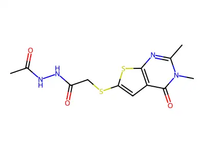 N'-acetyl-2-[(5,6-dimethyl-4-oxo-3H-thieno[2,3-d]pyrimidin-2-yl)sulfanyl]acetohydrazide structure
