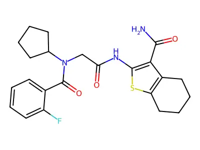 2-[[[cyclopentyl(2-fluorobenzoyl)amino]acetyl]amino]-4,5,6,7-tetrahydrobenzo[b]thiophene-3-carboxamide structure