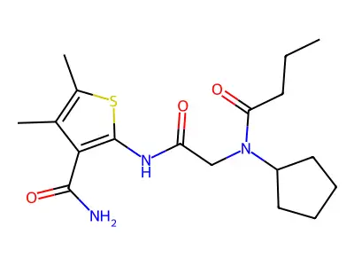 2-[[2-(butanoyl-cyclopentyl-amino)acetyl]amino]-4,5-dimethyl-thiophene-3-carboxamide structure