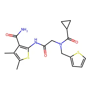 2-[[2-[cyclopropanecarbonyl(thiophen-2-ylmethyl)amino]acetyl]amino]-4,5-dimethylthiophene-3-carboxamide structure