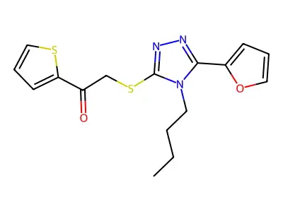 2-[[4-Butyl-5-(furan-2-yl)-1,2,4-triazol-3-yl]sulfanyl]-1-thiophen-2-ylethanone structure