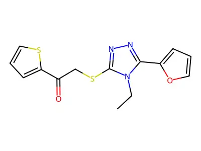 2-[[4-Ethyl-5-(furan-2-yl)-1,2,4-triazol-3-yl]sulfanyl]-1-thiophen-2-ylethanone structure