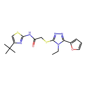 2-{[4-Ethyl-5-(2-furyl)-4H-1,2,4-triazol-3-yl]sulfanyl}-N-[4-(2-methyl-2-propanyl)-1,3-thiazol-2-yl]acetamide structure