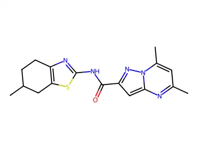 5,7-dimethyl-N-(6-methyl-4,5,6,7-tetrahydro-1,3-benzothiazol-2-yl)pyrazolo[1,5-a]pyrimidine-2-carboxamide structure