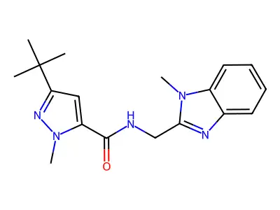 2-methyl-N-[(1-methylbenzoimidazol-2-yl)methyl]-5-tert-butyl-pyrazole-3-carboxamide structure