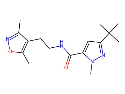 5-tert-butyl-N-[2-(3,5-dimethyl-1,2-oxazol-4-yl)ethyl]-2-methylpyrazole-3-carboxamide structure