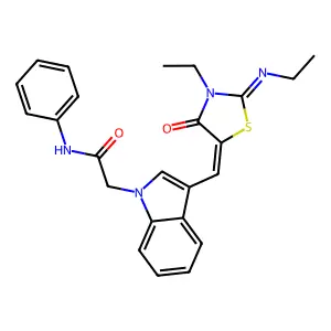 2-[3-[(E)-(3-ethyl-2-ethylimino-4-oxo-1,3-thiazolidin-5-ylidene)methyl]indol-1-yl]-N-phenylacetamide structure