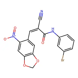 (2E)-N-(3-bromophenyl)-2-cyano-3-(6-nitro-1,3-benzodioxol-5-yl)prop-2-enamide structure