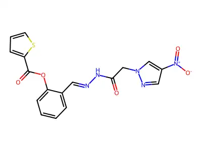 [2-[[[2-(4-nitropyrazol-1-yl)acetyl]hydrazinylidene]methyl]phenyl] Thiophene-2-carboxylate structure