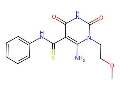 6-amino-1-(2-methoxyethyl)-2,4-dioxo-N-phenylpyrimidine-5-carbothioamide structure
