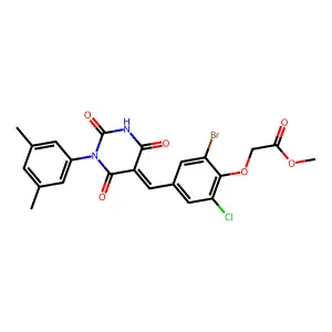 methyl (2-bromo-6-chloro-4-{(E)-[1-(3,5-dimethylphenyl)-2,4,6-trioxotetrahydropyrimidin-5(2H)-ylidene]methyl}phenoxy)acetate structure