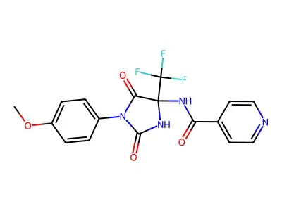 N-[1-(4-methoxyphenyl)-2,5-dioxo-4-(trifluoromethyl)imidazolidin-4-yl]pyridine-4-carboxamide structure