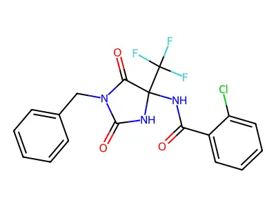 N-[1-benzyl-2,5-dioxo-4-(trifluoromethyl)imidazolidin-4-yl]-2-chlorobenzamide structure