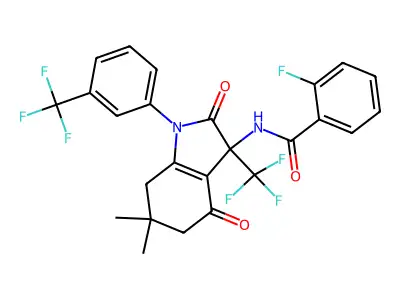 N-[6,6-dimethyl-2,4-dioxo-3-(trifluoromethyl)-1-[3-(trifluoromethyl)phenyl]-5,7-dihydroindol-3-yl]-2-fluorobenzamide structure
