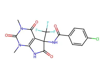 4-chloro-N-[1,3-dimethyl-2,4,6-trioxo-5-(trifluoromethyl)-7H-pyrrolo[2,3-d]pyrimidin-5-yl]benzamide structure