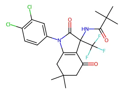 N-[1-(3,4-dichlorophenyl)-6,6-dimethyl-2,4-dioxo-3-(trifluoromethyl)-5,7-dihydroindol-3-yl]-2,2-dimethylpropanamide structure