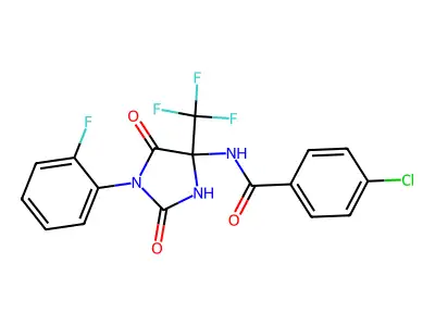 4-chloro-N-[1-(2-fluorophenyl)-2,5-dioxo-4-(trifluoromethyl)imidazolidin-4-yl]benzamide structure