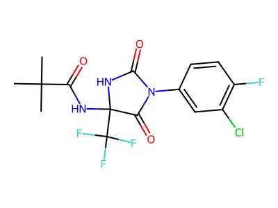 N-[1-(3-chloro-4-fluorophenyl)-2,5-dioxo-4-(trifluoromethyl)imidazolidin-4-yl]-2,2-dimethylpropanamide structure