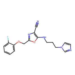 2-[(2-fluorophenoxy)methyl]-5-(3-imidazol-1-ylpropylamino)-1,3-oxazole-4-carbonitrile structure