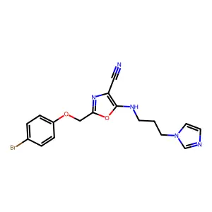 2-[(4-bromophenoxy)methyl]-5-{[3-(1H-imidazol-1-yl)propyl]amino}-1,3-oxazole-4-carbonitrile structure