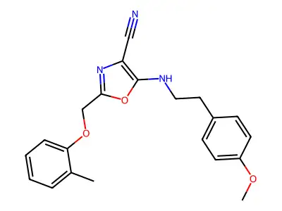5-{[2-(4-methoxyphenyl)ethyl]amino}-2-[(2-methylphenoxy)methyl]-1,3-oxazole-4-carbonitrile structure