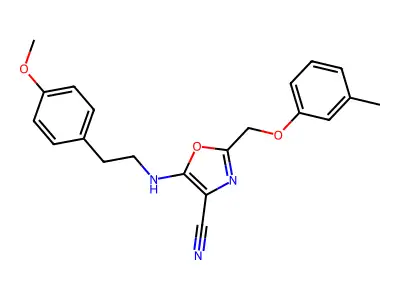 5-{[2-(4-methoxyphenyl)ethyl]amino}-2-[(3-methylphenoxy)methyl]-1,3-oxazole-4-carbonitrile structure