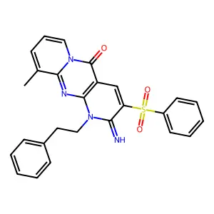 2-imino-10-methyl-1-(2-phenylethyl)-3-(phenylsulfonyl)-1,2-dihydro-5H-dipyrido[1,2-a:2',3'-d]pyrimidin-5-one structure