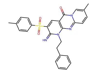 2-imino-8-methyl-3-[(4-methylphenyl)sulfonyl]-1-(2-phenylethyl)-1,2-dihydro-5H-dipyrido[1,2-a:2',3'-d]pyrimidin-5-one structure