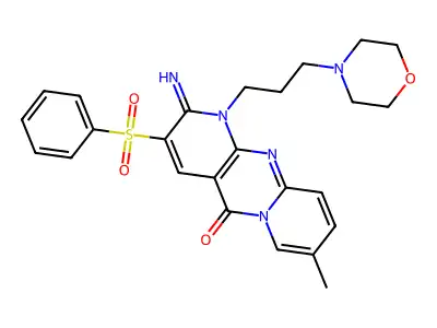 2-imino-8-methyl-1-(3-morpholin-4-ylpropyl)-3-(phenylsulfonyl)-1,2-dihydro-5H-dipyrido[1,2-a:2',3'-d]pyrimidin-5-one structure