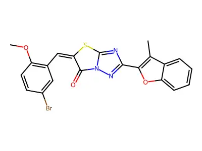 (5E)-5-(5-bromo-2-methoxybenzylidene)-2-(3-methyl-1-benzofuran-2-yl)[1,3]thiazolo[3,2-b][1,2,4]triazol-6(5H)-one structure