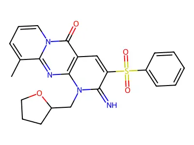 3-Benzenesulfonyl-2-imino-8-methyl-1-(tetrahydro-furan-2-ylmethyl)-1,2-dihydro-1,9,10a-triaza-anthrace n-10-one structure