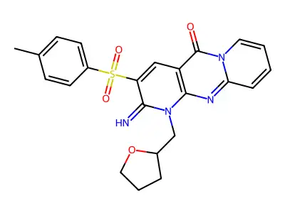 2-Imino-1-((tetrahydrofuran-2-yl)methyl)-3-tosyl-1H-dipyrido[1,2-a:2',3'-d]pyrimidin-5(2H)-one structure