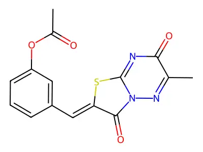 3-[(Z)-(6-methyl-3,7-dioxo-7H-[1,3]thiazolo[3,2-b][1,2,4]triazin-2(3H)-ylidene)methyl]phenyl acetate structure