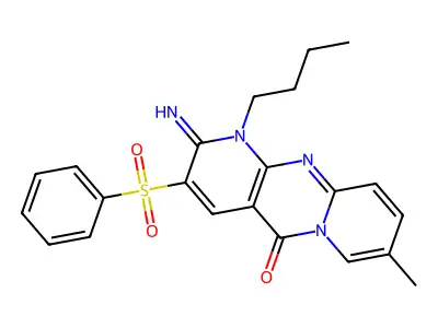 1-butyl-2-imino-8-methyl-3-(phenylsulfonyl)-1,2-dihydro-5H-dipyrido[1,2-a:2',3'-d]pyrimidin-5-one structure