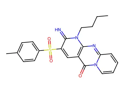 1-butyl-2-imino-3-[(4-methylphenyl)sulfonyl]-1,2-dihydro-5H-dipyrido[1,2-a:2',3'-d]pyrimidin-5-one structure