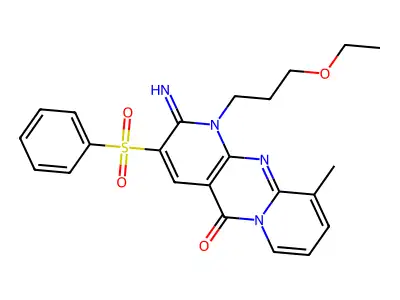 1-(3-ethoxypropyl)-2-imino-10-methyl-3-(phenylsulfonyl)-1,2-dihydro-5H-dipyrido[1,2-a:2',3'-d]pyrimidin-5-one structure