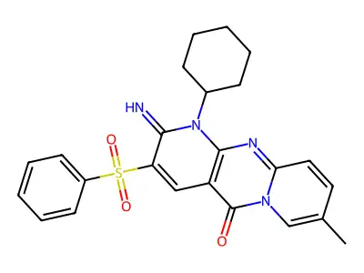 1-cyclohexyl-2-imino-8-methyl-3-(phenylsulfonyl)-1,2-dihydro-5H-dipyrido[1,2-a:2',3'-d]pyrimidin-5-one structure