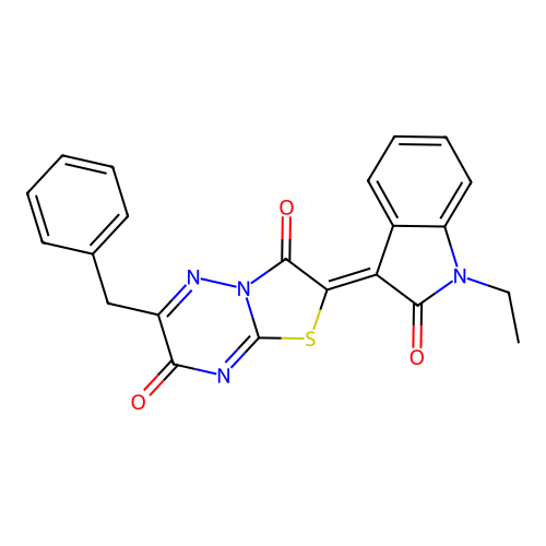 (Z)-6-benzyl-2-(1-ethyl-2-oxoindolin-3-ylidene)-2H-thiazolo[3,2-b][1,2,4]triazine-3,7-dione structure