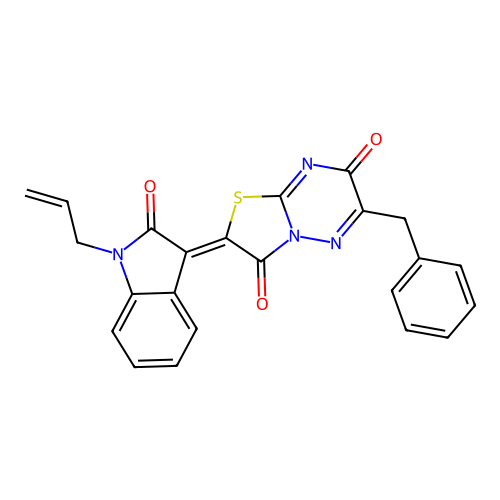 (Z)-2-(1-allyl-2-oxoindolin-3-ylidene)-6-benzyl-2H-thiazolo[3,2-b][1,2,4]triazine-3,7-dione structure