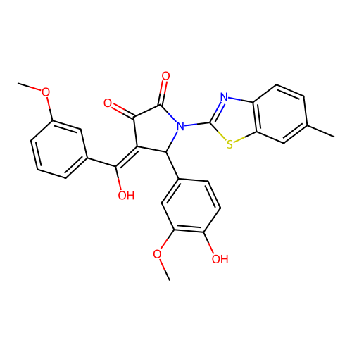 (4E)-5-(4-hydroxy-3-methoxyphenyl)-4-[hydroxy(3-methoxyphenyl)methylidene]-1-(6-methyl-1,3-benzothiazol-2-yl)pyrrolidine-2,3-dione structure