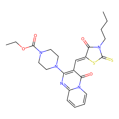 ethyl 4-{3-[(Z)-(3-butyl-4-oxo-2-thioxo-1,3-thiazolidin-5-ylidene)methyl]-4-oxo-4H-pyrido[1,2-a]pyrimidin-2-yl}piperazine-1-carboxylate structure
