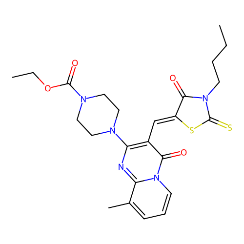 ethyl 4-{3-[(Z)-(3-butyl-4-oxo-2-thioxo-1,3-thiazolidin-5-ylidene)methyl]-9-methyl-4-oxo-4H-pyrido[1,2-a]pyrimidin-2-yl}piperazine-1-carboxylate structure