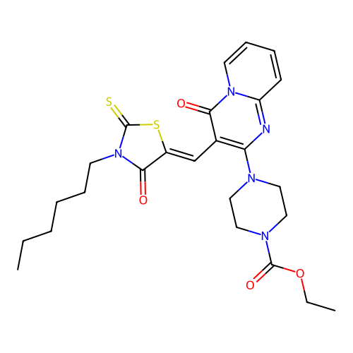 ethyl 4-{3-[(Z)-(3-hexyl-4-oxo-2-thioxo-1,3-thiazolidin-5-ylidene)methyl]-4-oxo-4H-pyrido[1,2-a]pyrimidin-2-yl}piperazine-1-carboxylate structure
