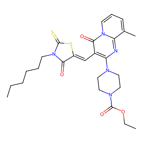 ethyl 4-{3-[(Z)-(3-hexyl-4-oxo-2-thioxo-1,3-thiazolidin-5-ylidene)methyl]-9-methyl-4-oxo-4H-pyrido[1,2-a]pyrimidin-2-yl}piperazine-1-carboxylate structure