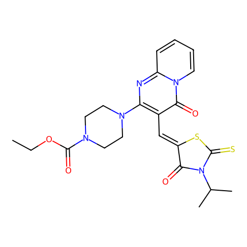 ethyl 4-(4-oxo-3-{(Z)-[4-oxo-3-(propan-2-yl)-2-thioxo-1,3-thiazolidin-5-ylidene]methyl}-4H-pyrido[1,2-a]pyrimidin-2-yl)piperazine-1-carboxylate structure