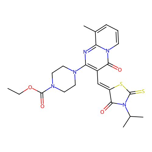 ethyl 4-(9-methyl-4-oxo-3-{(Z)-[4-oxo-3-(propan-2-yl)-2-thioxo-1,3-thiazolidin-5-ylidene]methyl}-4H-pyrido[1,2-a]pyrimidin-2-yl)piperazine-1-carboxylate structure