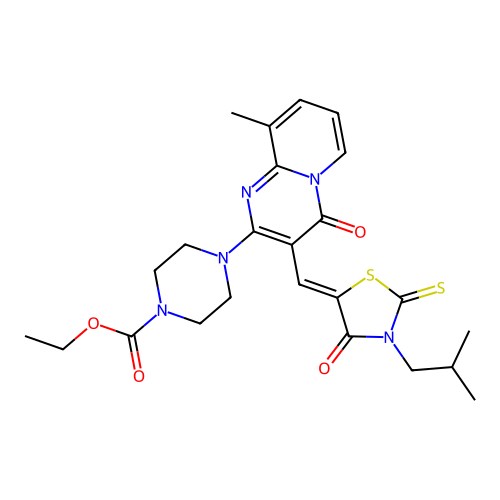 ethyl 4-(9-methyl-3-{(Z)-[3-(2-methylpropyl)-4-oxo-2-thioxo-1,3-thiazolidin-5-ylidene]methyl}-4-oxo-4H-pyrido[1,2-a]pyrimidin-2-yl)piperazine-1-carboxylate structure