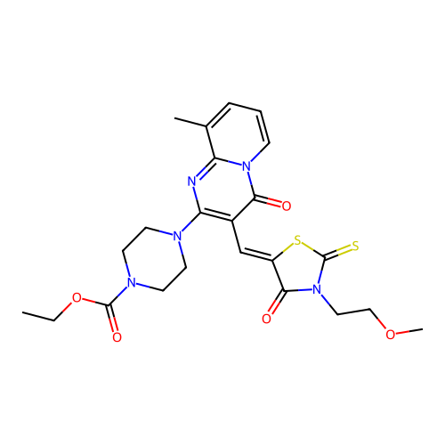 ethyl 4-(3-{(Z)-[3-(2-methoxyethyl)-4-oxo-2-thioxo-1,3-thiazolidin-5-ylidene]methyl}-9-methyl-4-oxo-4H-pyrido[1,2-a]pyrimidin-2-yl)piperazine-1-carboxylate structure