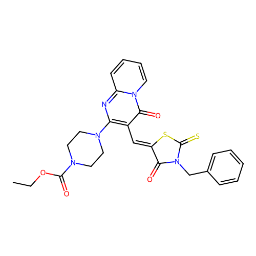 ethyl 4-{3-[(Z)-(3-benzyl-4-oxo-2-thioxo-1,3-thiazolidin-5-ylidene)methyl]-4-oxo-4H-pyrido[1,2-a]pyrimidin-2-yl}piperazine-1-carboxylate structure